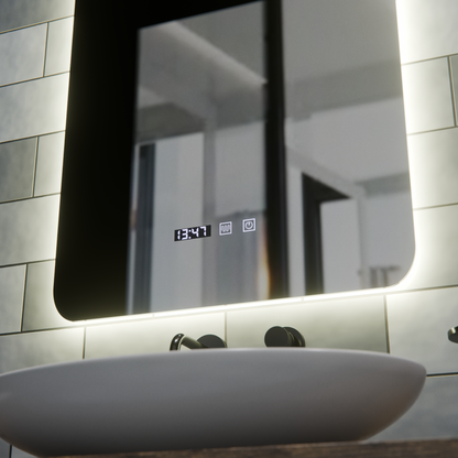 Miroir LED rectangulaire ARTAR Touch, 60 x 80 cm, système anti-buée, intensité variable, horloge et température, lumière froide neutre et chaude 3000 K/4000 K/6000 K.