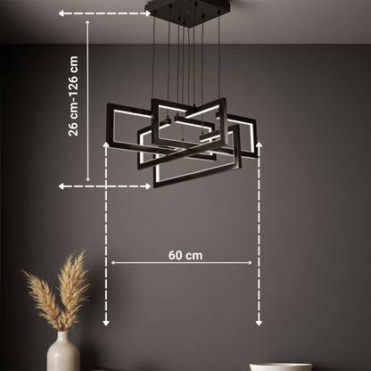 Lustre LED avec télécommande, Suspendu 96W, 4 Éléments, Lumière Froid/Chaud/Neutre, Dimmable, Hauteur réglable, Noir