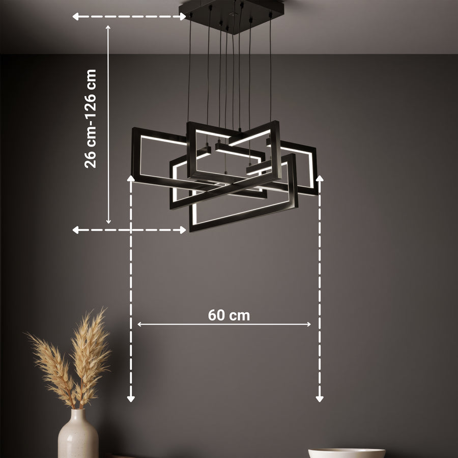 Lustre LED avec télécommande, Suspendu 96W, 4 Éléments, Lumière Froid/Chaud/Neutre, Dimmable, Hauteur réglable, Noir