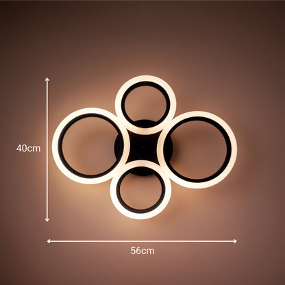Lustre LED avec télécommande BETTY 44W, 4 Cercles, Lumière Froide/Chaude/Neutre, Dimmable, Noir