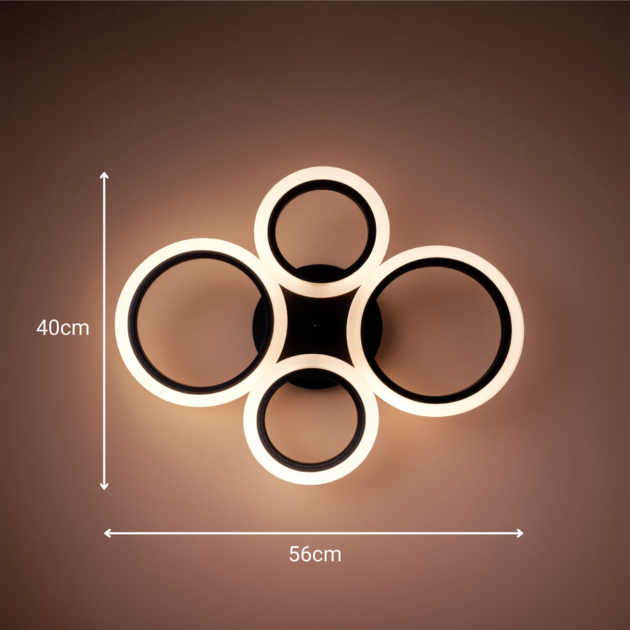 Lustre LED avec télécommande BETTY 44W, 4 Cercles, Lumière Froide/Chaude/Neutre, Dimmable, Noir
