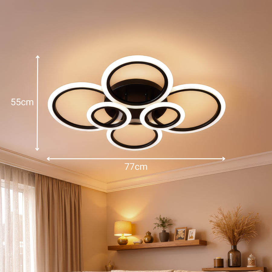 Lustre LED avec télécommande BETTY 82W, 6 Cercles, Lumière Froide/Chaude/Neutre, Dimmable, Noir