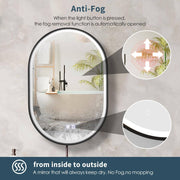 Miroir LED avec armoire, ovale, 50x80 cm, désembuage, lumière froide/chaude/neutre, cadre noir, espace de rangement