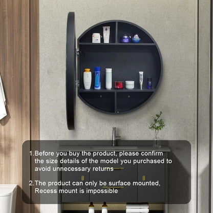 Miroir LED avec armoire, rond, 50x50 cm, anti-buée, cadre noir, espace de rangement