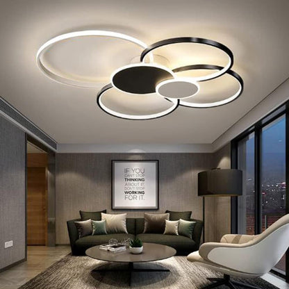 Lustre LED avec télécommande, KILLIAN, 74W, 6 Cercles, Lumière Froide/Chaude/Neutre 3000K/4000K/6000K, Intensité Variable, Noir et Blanc, Métal et Acrylique