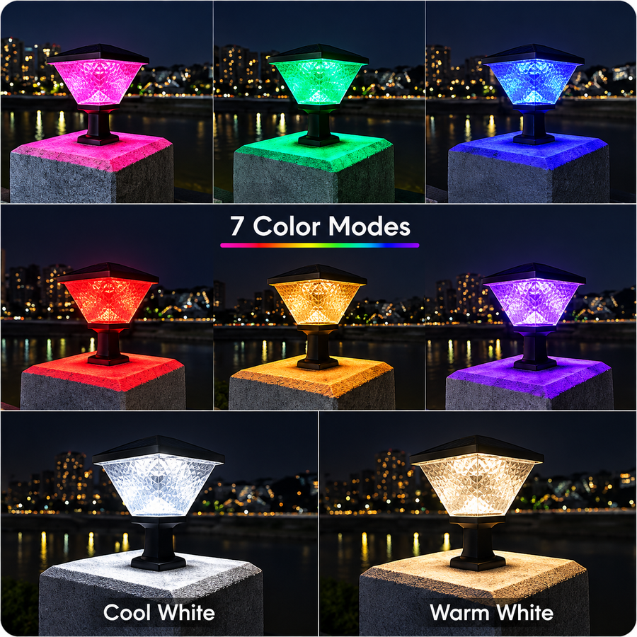 Lampe Solaire LED pour Poteau Extérieur KATTAKURGAN, 8W, Lumière Chaude/Froide/Neutre + RVB, Forme Carrée, Aluminium, Noir, Intensité Variable