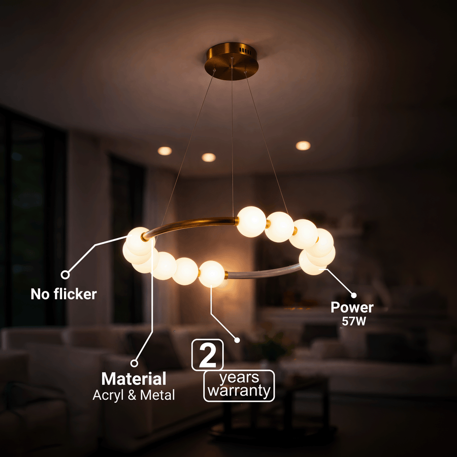 Lustre suspendu LED en acrylique Nova 57W avec télécommande, variable, 3000K/4000K/6000K, doré, métal et acrylique