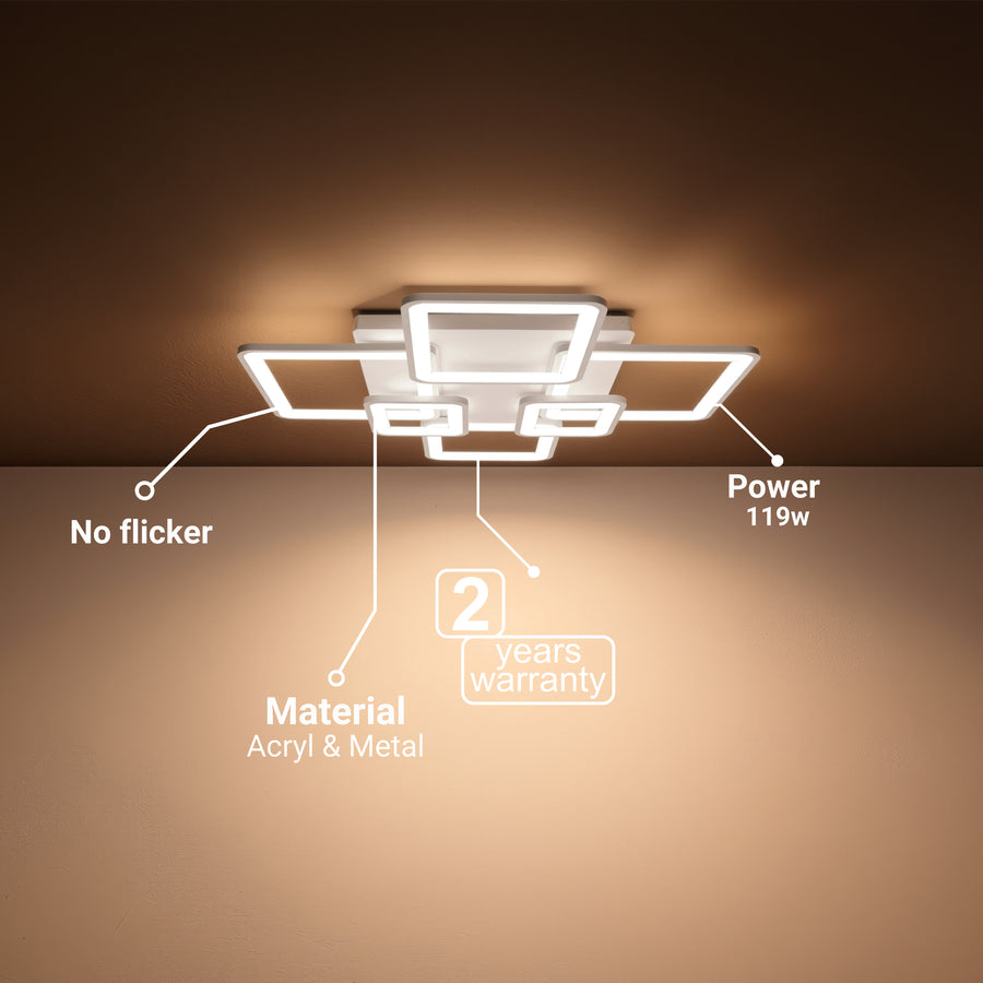 Lustre LED avec télécommande ELLA 119W, 6 carrés, Lumière Froide/Chaude/Neutre, Dimmable, Blanc