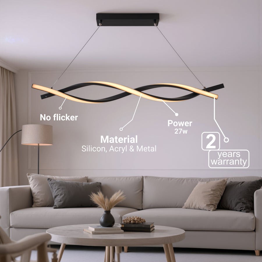 Lustre LED Suspendu avec Télécommande, FLUX, 27W, 116cm, Lumière Froide/Chaude/Neutre 3000K/4000K/6000K, Intensité Variable, Noir, Hauteur Réglable, Métal et Silicone