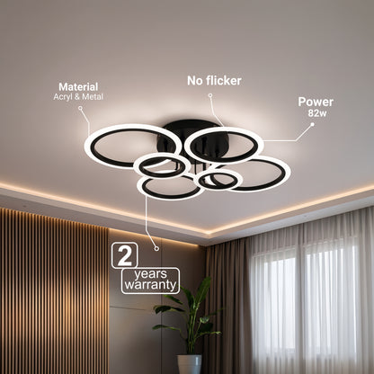 Lustre LED avec télécommande BETTY 82W, 6 Cercles, Lumière Froide/Chaude/Neutre, Dimmable, Noir