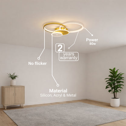 Lustre LED avec télécommande KILLIAN 80W, 4 Cercles, Lumière Froide/Chaude/Neutre, Dimmable, Doré