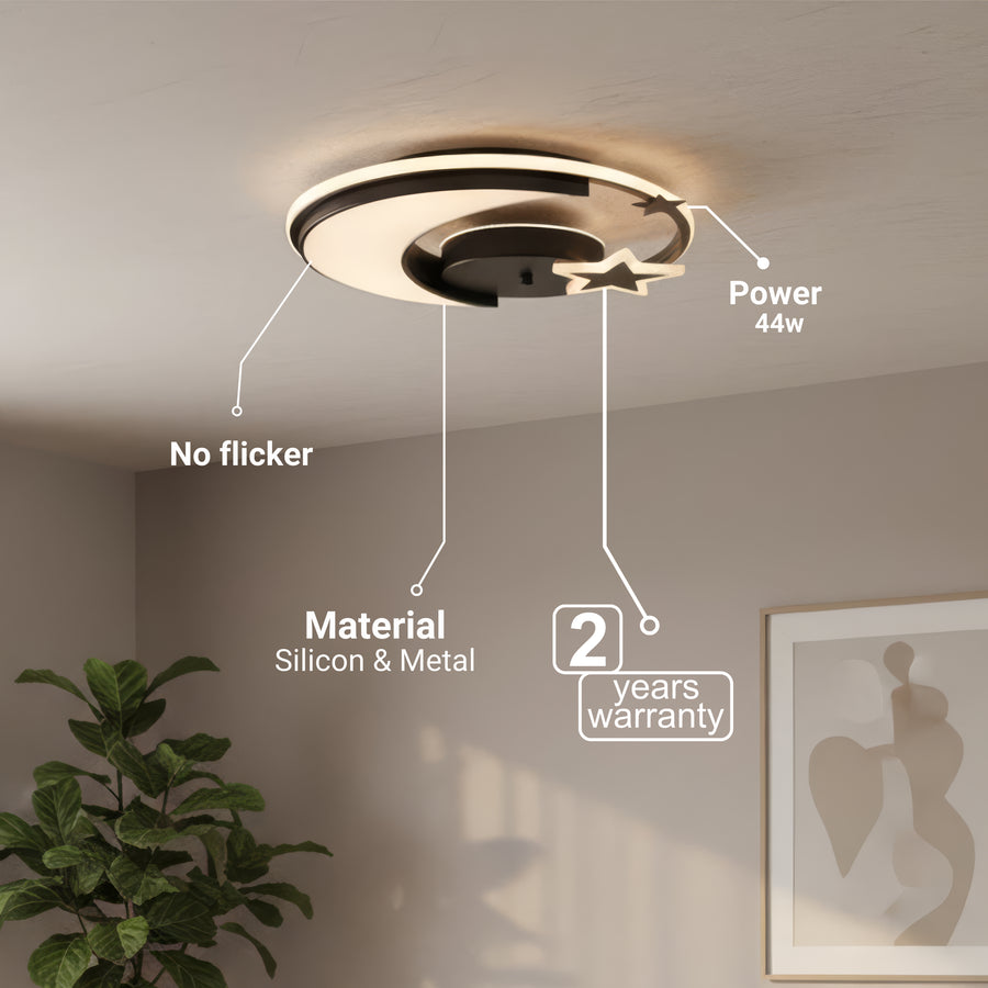 Lustre LED avec télécommande ALYONA 44W, Lune et Étoile, Lumière Froide/Chaude/Neutre, Dimmable, Noir