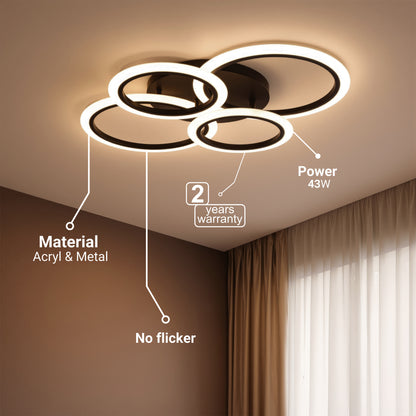 Lustre LED avec télécommande BETTY 44W, 4 Cercles, Lumière Froide/Chaude/Neutre, Dimmable, Noir