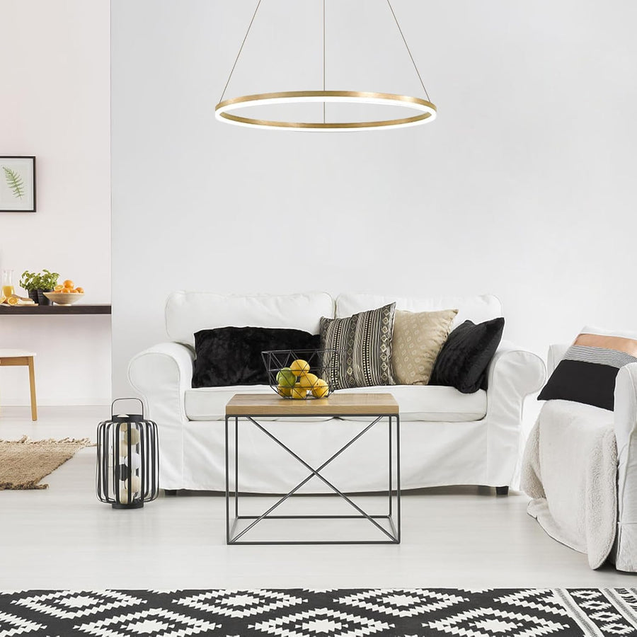 Lustre LED Suspendu, ANINA, 34W, 1 Cercle, Diamètre 49cm, Lumière Froide/Chaude/Neutre 3000K/4000K/6000K, Intensité Variable, Blanc Or Brillant, Hauteur Réglable, Métal et Acrylique