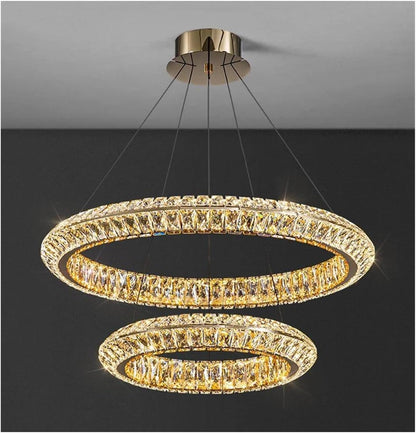 Lustre LED avec télécommande, LLC132/300+500GD, cristal et métal, 48 W, 2 cercles, variable, hauteur réglable, lumière froide/chaude/neutre 3000 K/4000 K/6000 K, éclairage luxueux,