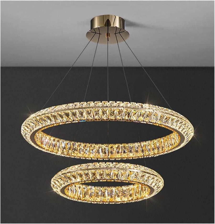 Lustre LED avec télécommande, LLC132/300+500GD, cristal et métal, 48 W, 2 cercles, variable, hauteur réglable, lumière froide/chaude/neutre 3000 K/4000 K/6000 K, éclairage luxueux,