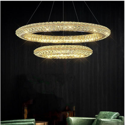 Lustre LED avec télécommande, LLC132/300+500GD, cristal et métal, 48 W, 2 cercles, variable, hauteur réglable, lumière froide/chaude/neutre 3000 K/4000 K/6000 K, éclairage luxueux,