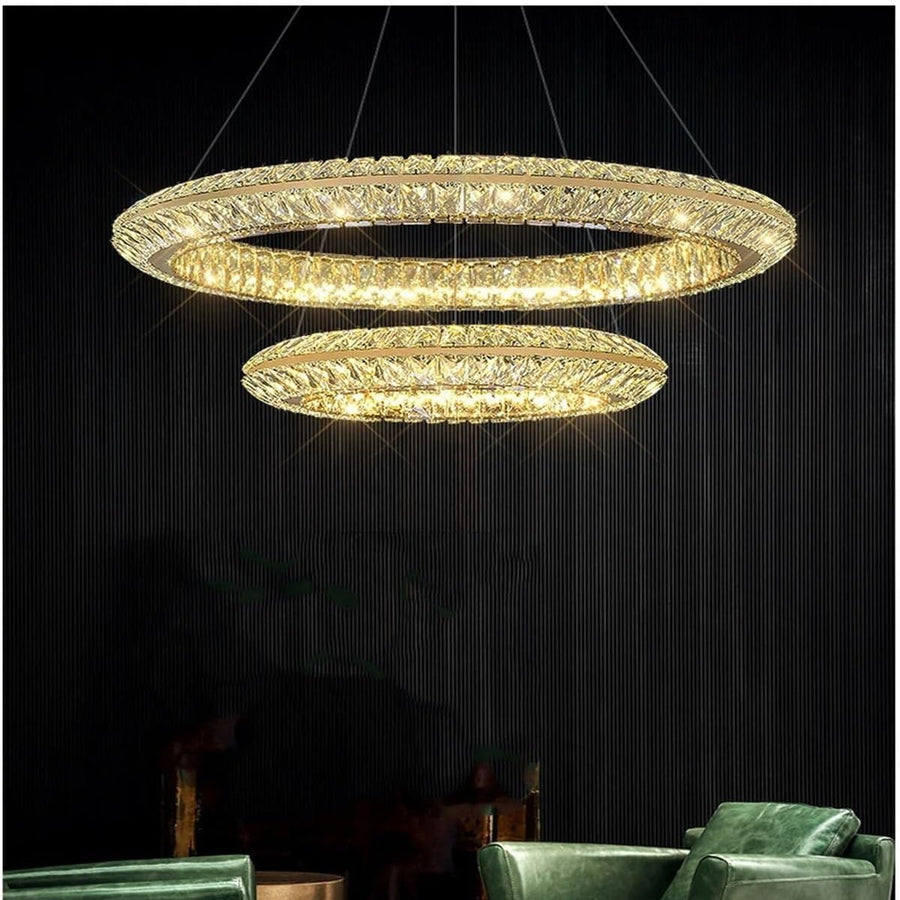 Lustre LED avec télécommande, LLC132/300+500GD, cristal et métal, 48 W, 2 cercles, variable, hauteur réglable, lumière froide/chaude/neutre 3000 K/4000 K/6000 K, éclairage luxueux,