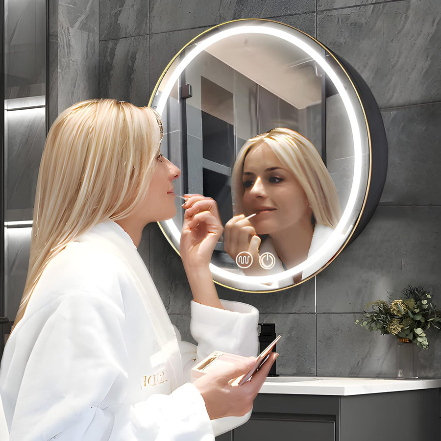 Miroir LED avec armoire, rond, 50x50 cm, anti-buée, cadre noir, espace de rangement