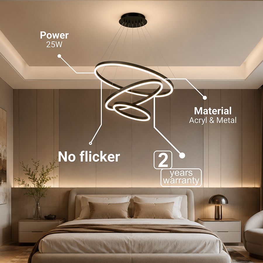 Lustre LED suspendu avec télécommande CASIANA 85W, 3 Cercles, Lumière Froide/Chaude/Neutre, Dimmable, Noir, Hauteur Réglable
