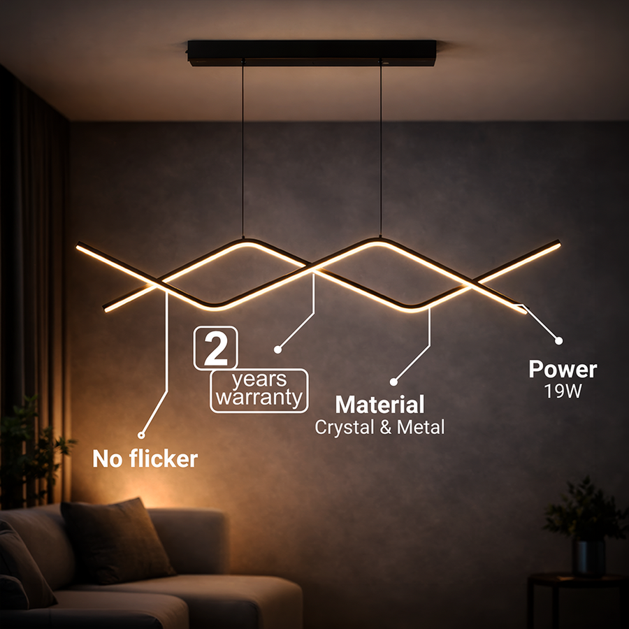 Lustre LED suspendu avec télécommande ZIGZAG 27W, Lumière Froide/Chaude/Neutre, Dimmable, Noir, Hauteur Réglable