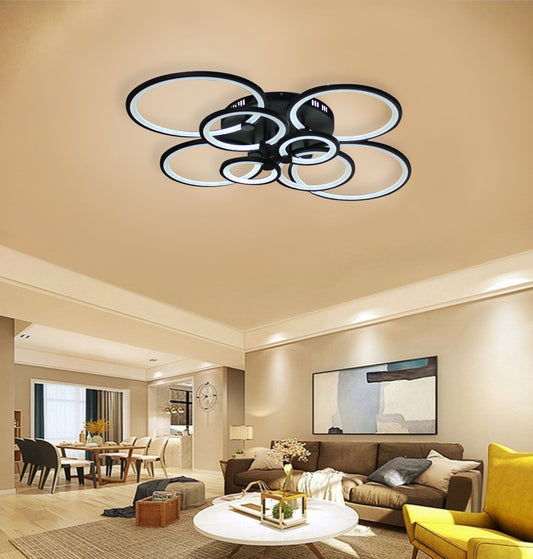 Lustre LED avec télécommande ALANI 200W, 8 Cercles, Lumière Froide/Chaude/Neutre, Dimmable, Marron