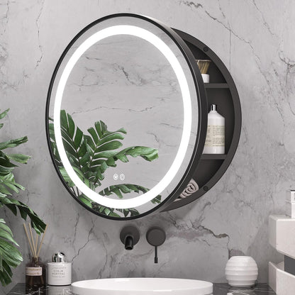 Miroir LED avec armoire, rond, 50x50 cm, anti-buée, cadre noir, espace de rangement