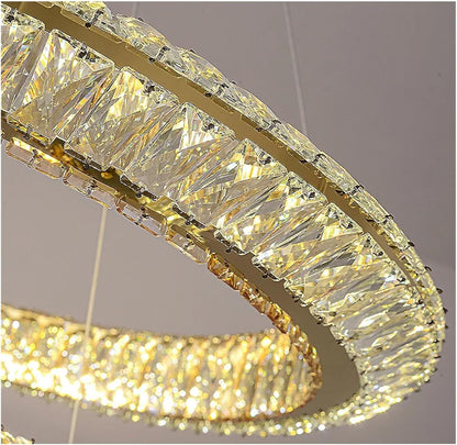 Lustre LED avec télécommande, LLC132/900X300GD, cristal et métal, 80 W, 1 cercle, intensité variable, hauteur réglable, lumière froide/chaude/neutre, éclairage luxueux