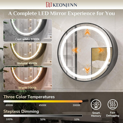 Miroir LED avec armoire, rond, 50x50 cm, anti-buée, cadre noir, espace de rangement