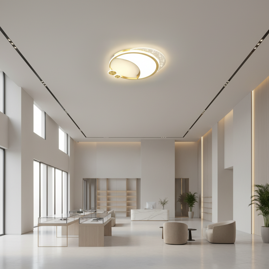Lustre LED Marco avec télécommande, 51 W, variable, doré, métal, acrylique et verre, 3000K/4000K/6000K