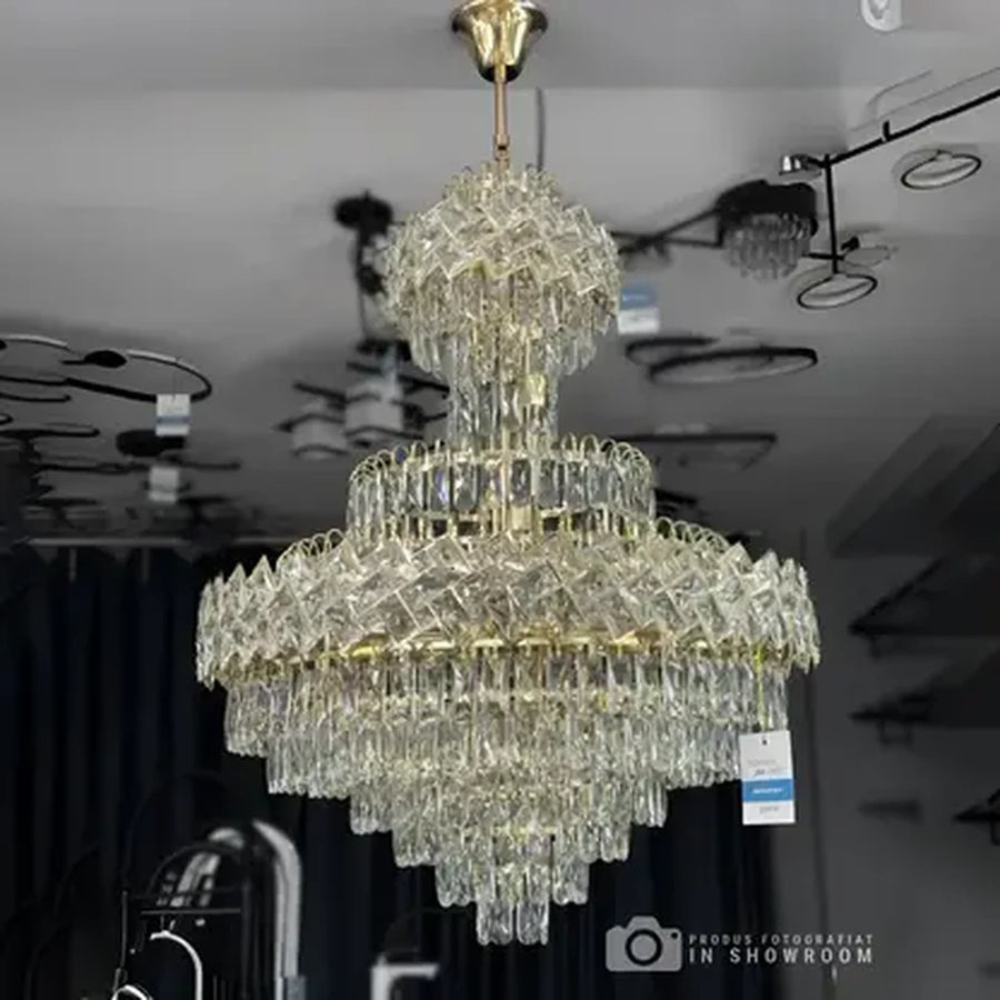 Lustre Junnut 21*E27, cristal et métal, doré