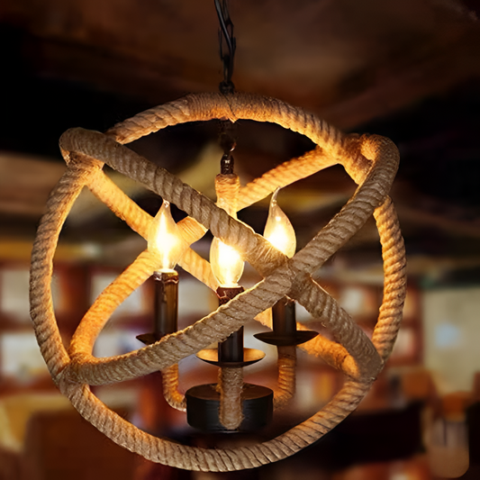 Lustre Vintage LV585/4BK, 4xE14, Grange Rustique, Corde et Métal, 30cm, Noir