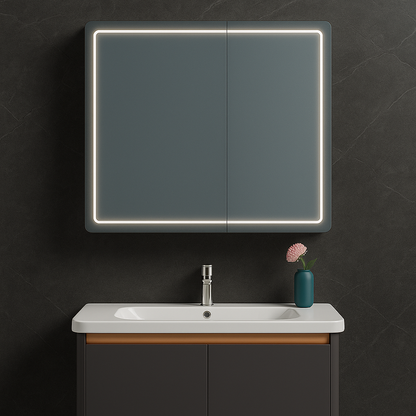 Miroir LED avec meuble de salle de bain et lavabo suspendu, 80x60 cm, design moderne, éclairage intégré