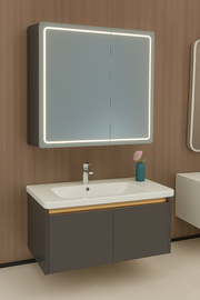 Miroir LED avec meuble de salle de bain et lavabo suspendu, 80x60 cm, design moderne, éclairage intégré