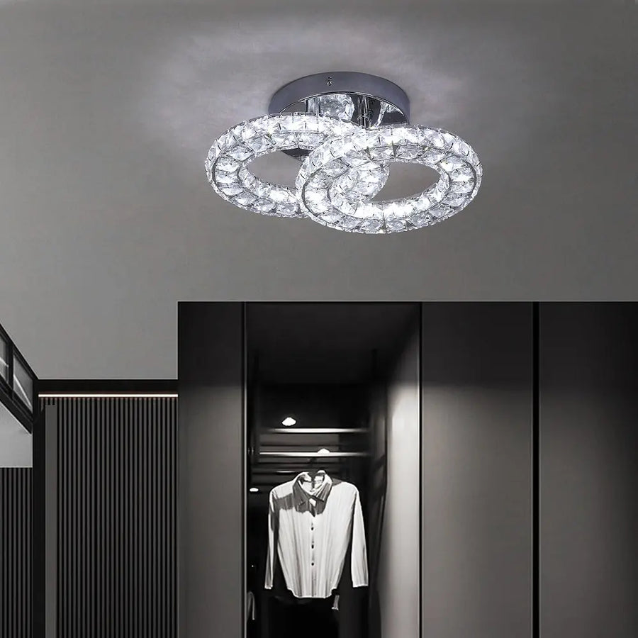 Lustre LED et cristal ZABINA 25W, 2 Cercles, Lumière Froid/Chaud/Neutre, Chrome Brillant