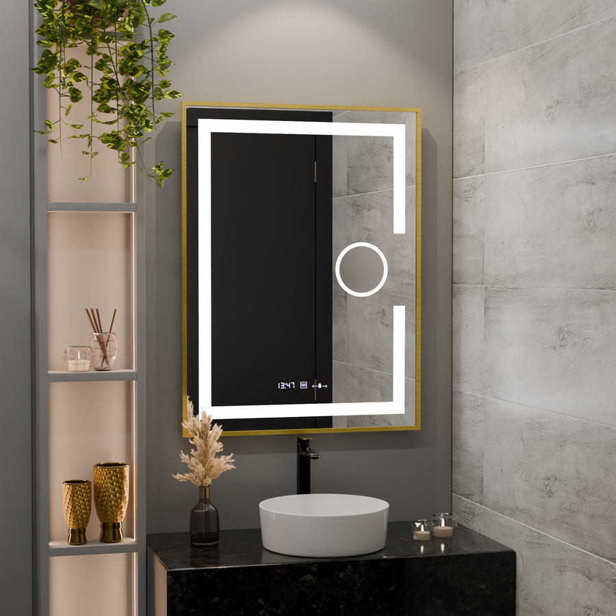 Miroir LED rectangulaire, 60x80 cm, Eclat MotionGlow Marcello, système anti-buée, horloge et thermomètre, loupe cosmétique, intensité variable, cadre doré brossé