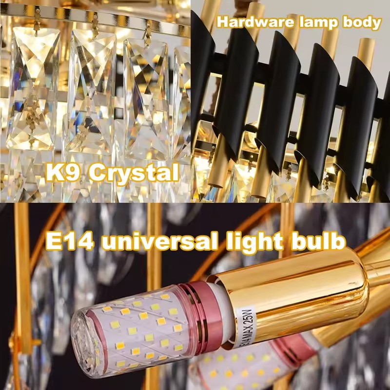 Lustre en cristal VERSAILLES Eleganza 7x E14, diamètre 49cm, or brillant et noir, hauteur réglable