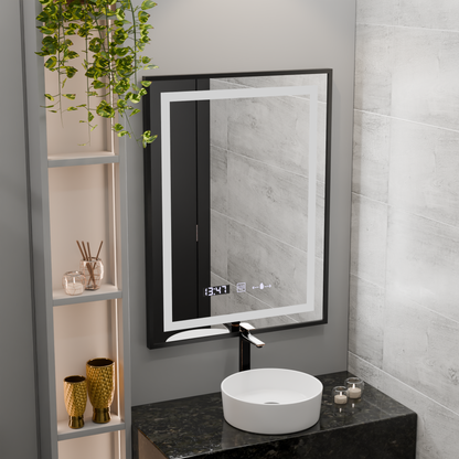 Miroir LED rectangulaire, 60x80 cm, Verite Majeste Noir Motion Glow Marcello, système anti-buée, horloge et thermomètre, intensité variable