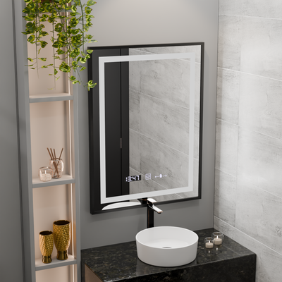 Miroir LED rectangulaire, 60x80 cm, Verite Majeste Noir Motion Glow Marcello, système anti-buée, horloge et thermomètre, intensité variable