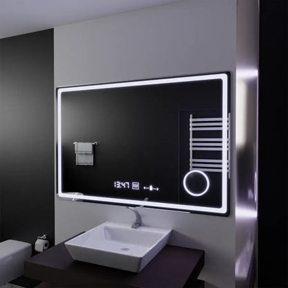 Miroir LED rectangulaire, 120x80 cm, Souverain MotionGlow Marcello, système anti-buée, horloge et thermomètre, loupe cosmétique, intensité variable