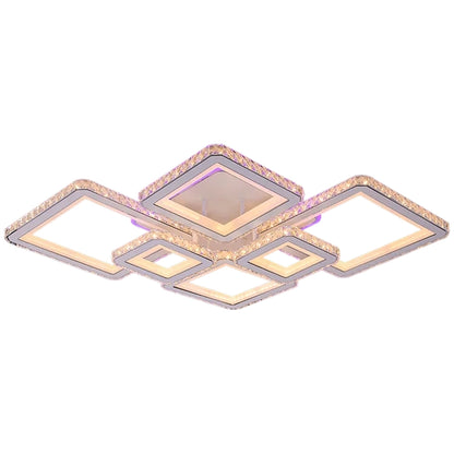Lustre LED avec télécommande et cristal QUADRIS RGB 175W, 6 Carrés, Lumière Froid/Chaude/Neutre, Dimmable, Blanc