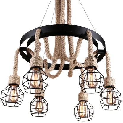 Lustre Wheel LV580/6BK, 6xE27, marron, métal et ficelle