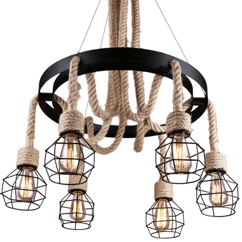 Lustre Wheel LV580/6BK, 6xE27, marron, métal et ficelle