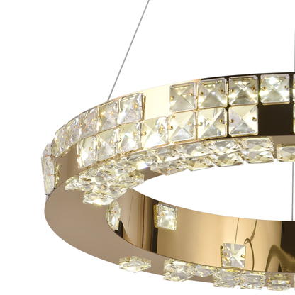 Lustre LED avec télécommande, LLC135/2GD, cristal et métal, 55 W, 2 cercles, intensité variable, hauteur réglable, lumière froide/chaude/neutre 3000 K/4000 K/6000 K, éclairage luxueux