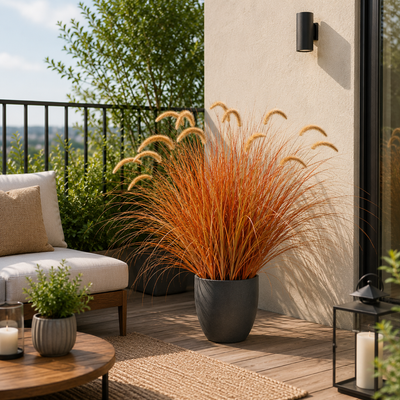Plante ornementale d'herbe de sétaire artificielle, 100 cm, herbe courbée avec des épices, jaune et orange, sans pot
