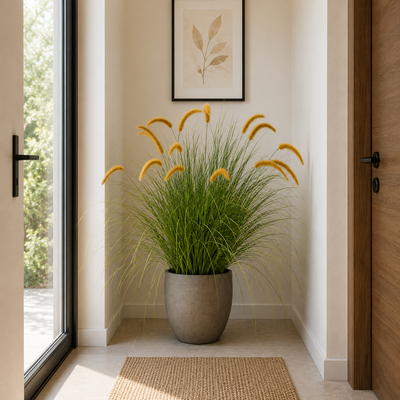 Plante ornementale de gazon artificiel sétaire, 100 cm, herbe courbée avec épices, vert et jaune, sans pot