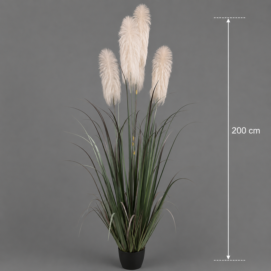 Plante ornementale artificielle, 200 cm, avec 4 brins, roseau et herbe, vert et gris, sans pot