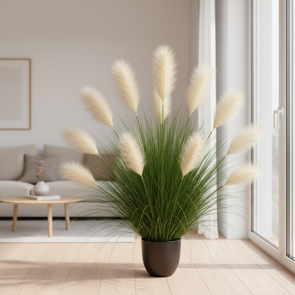 Plante de gazon ornemental artificiel, 137 cm, 11 tiges, roseau et herbe, vert clair et blanc, sans pot