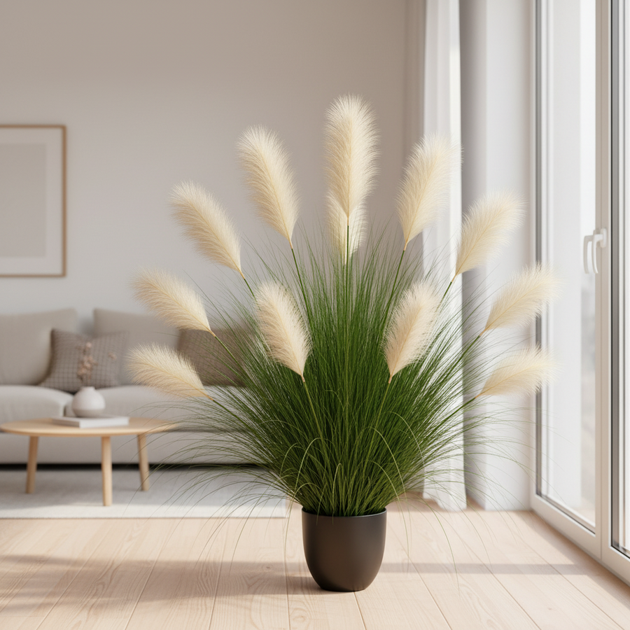 Plante de gazon ornemental artificiel, 137 cm, 11 tiges, roseau et herbe, vert clair et blanc, sans pot