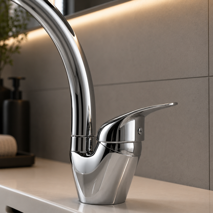 Robinet de cuisine chromé brillant LB00C, poignée en plastique, cartouche en céramique, ensemble complet